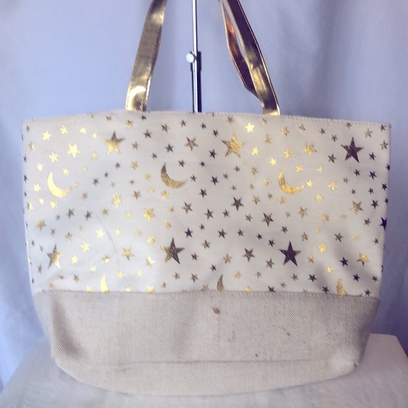Unbranded cream colored woven tote. Gold moon and stars print. Gold handles. - Picture 4 of 8